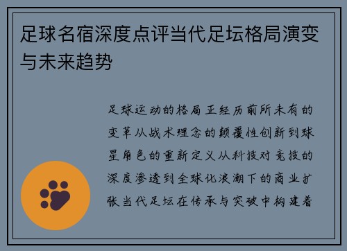 足球名宿深度点评当代足坛格局演变与未来趋势