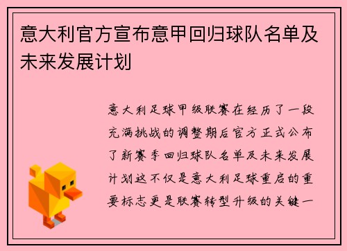 意大利官方宣布意甲回归球队名单及未来发展计划